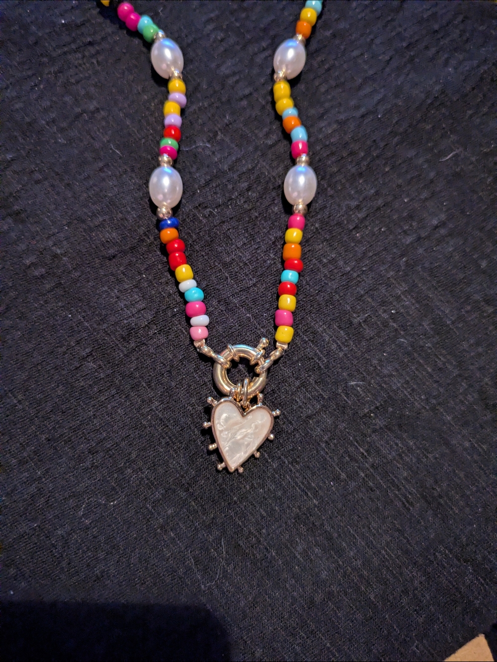 Multicolor Beaded Necklace with Heart Pendant
